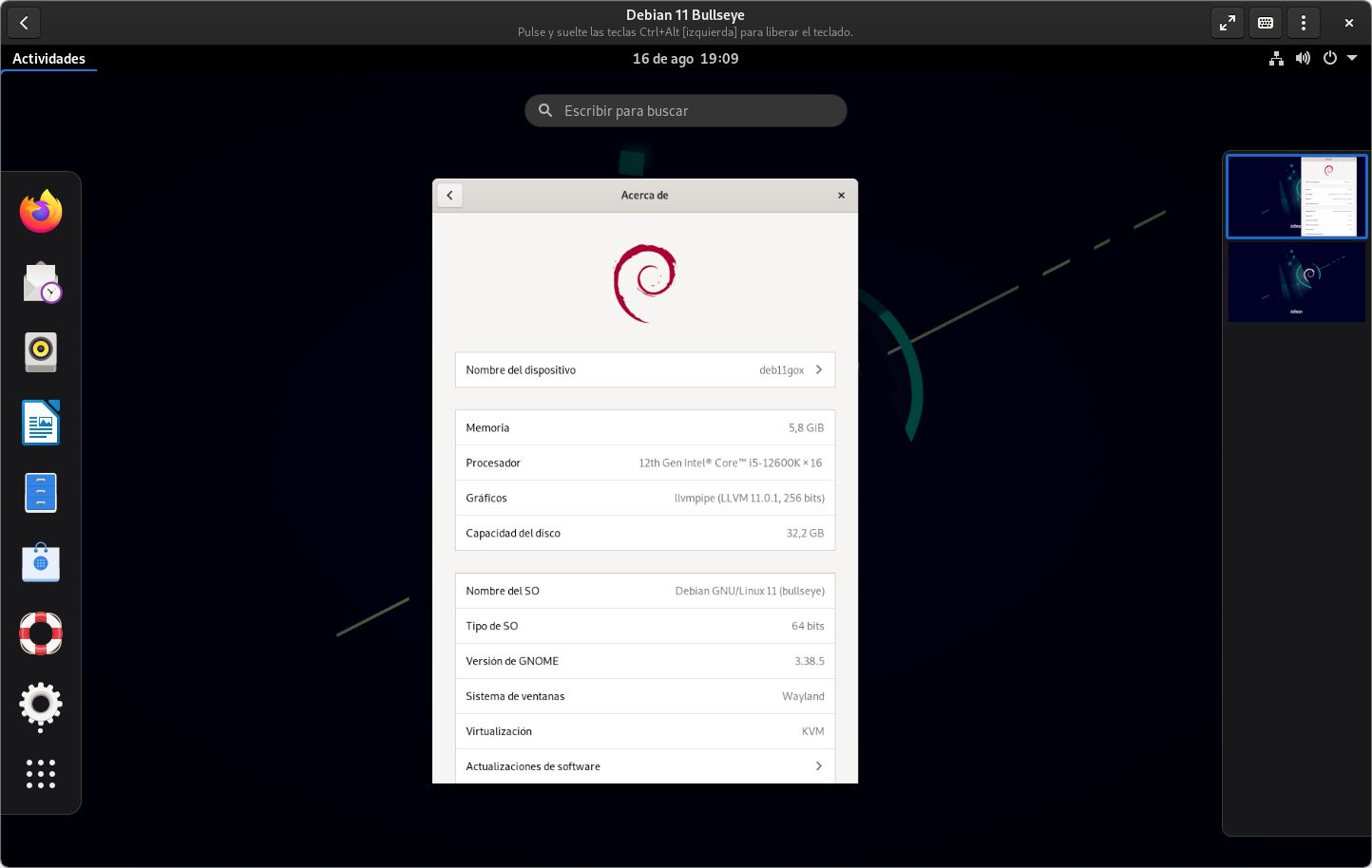Debian 11 Bullseye con GNOME 3.38