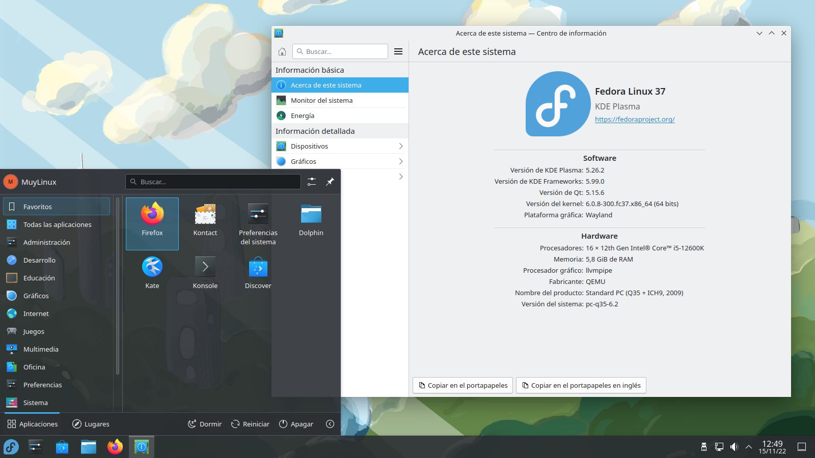spin de Fedora 37 con KDE Plasma