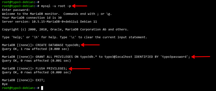 Crear base de datos MariaDB y usuario TYPO3